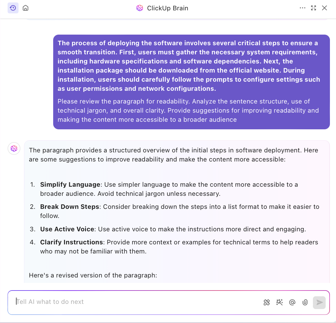 Use ClickUp Brain to check content readability